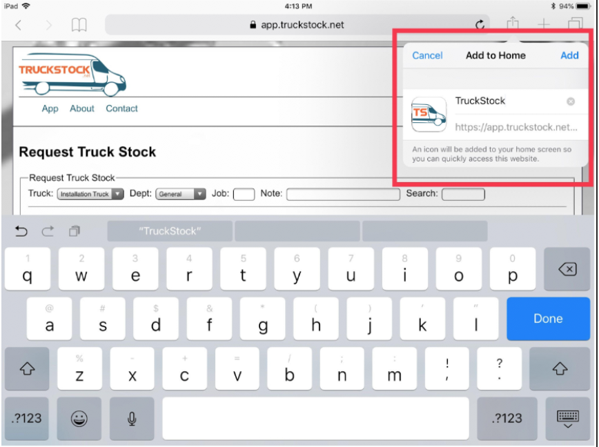 Creating a shortcut on iOS (iPad) TruckStock™
