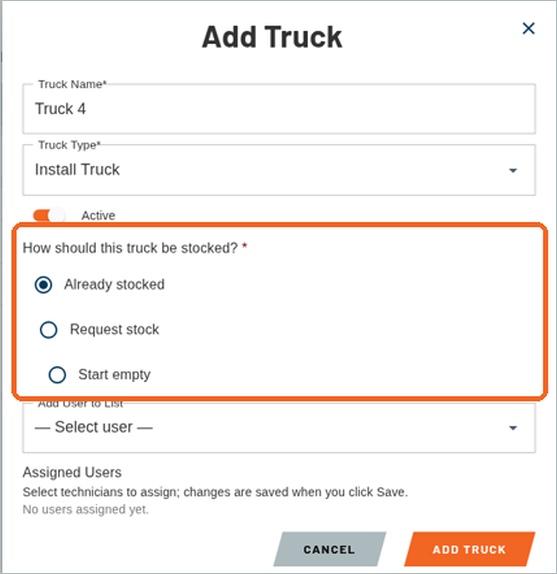 Add Truck window with the name Truck 4 and the truck type Install Truck entered, and the stocking options highlighted