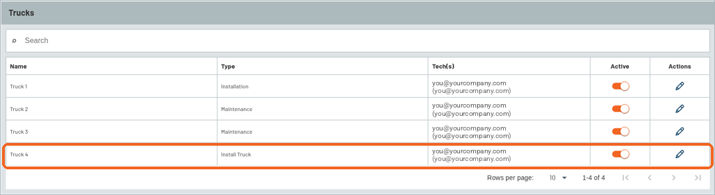 Manage Trucks list with the new Truck 4 and its Install Truck type highlighted