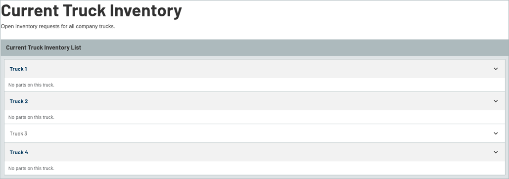 Current Truck Inventory list with trucks opened, each showing No parts on this truck