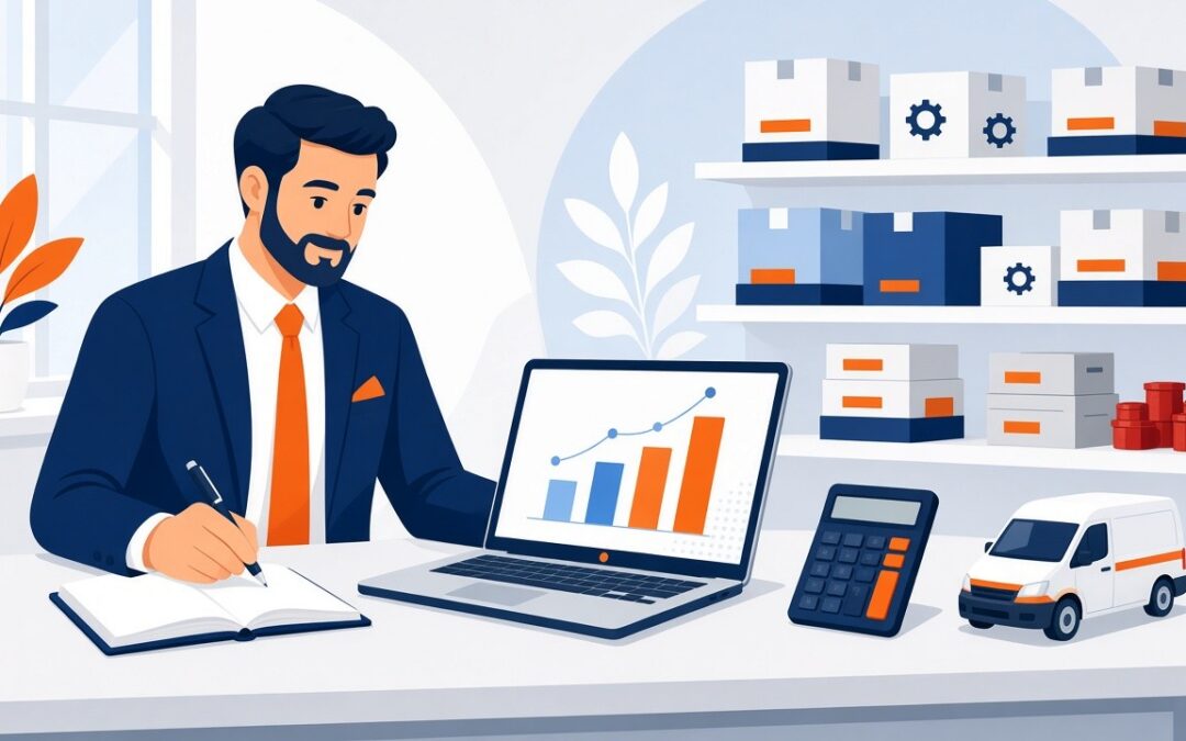 Illustration of a business owner at a desk with a laptop showing a bar chart, a calculator, and a small model service van, with shelves of parts boxes behind.