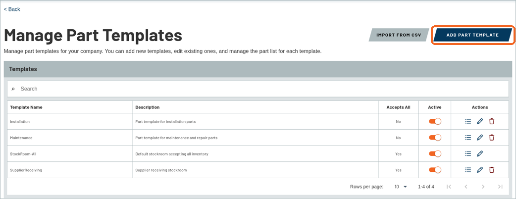Manage Part Templates list showing sample templates with the ADD PART TEMPLATE button highlighted