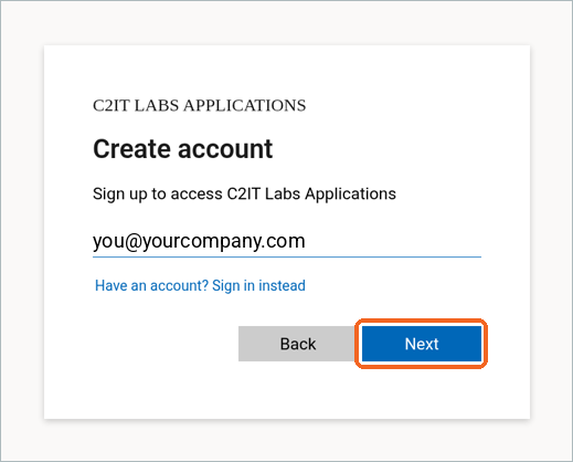 Create account screen with an email address entered and the Next button highlighted