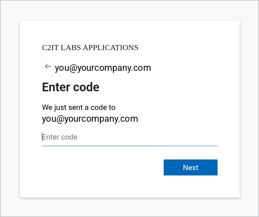 Enter code screen saying a code was just sent to your email address