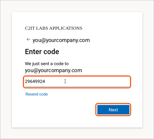 Enter code screen with an 8-digit code entered and the Next button highlighted