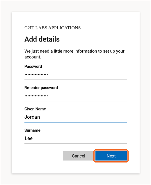 Add details screen with password, given name and surname filled in and the Next button highlighted