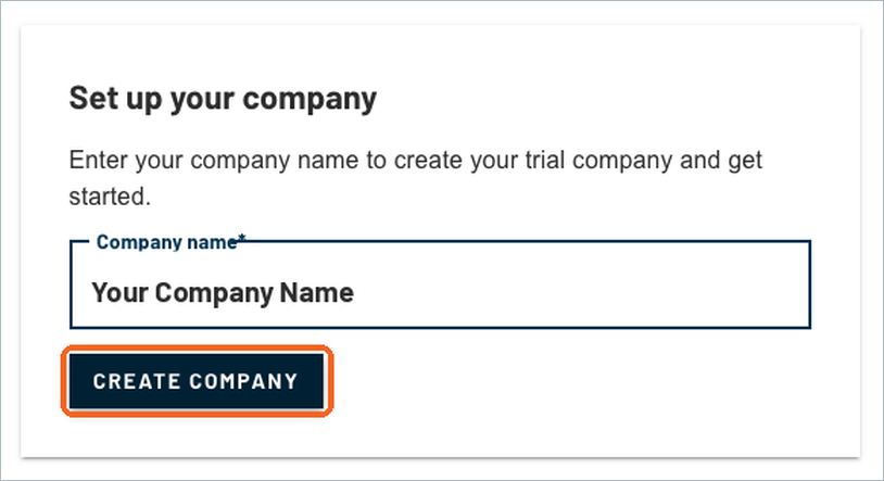 Set up your company screen with a company name entered and the CREATE COMPANY button highlighted
