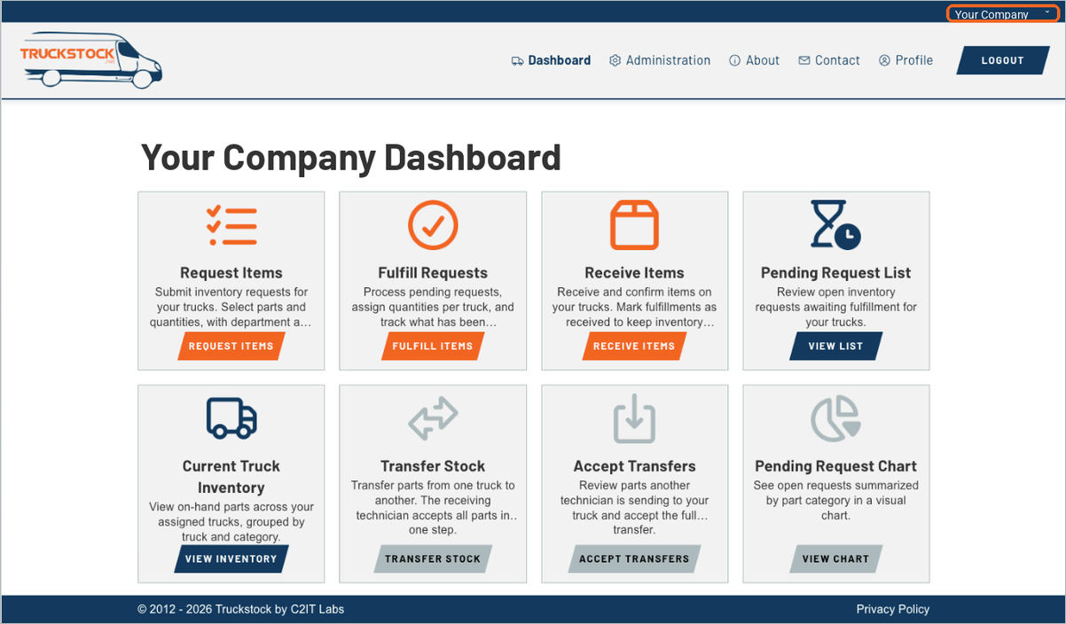 Your company dashboard with Request Items, Fulfill Requests, Receive Items and other shortcuts, and your company name selected at the top right