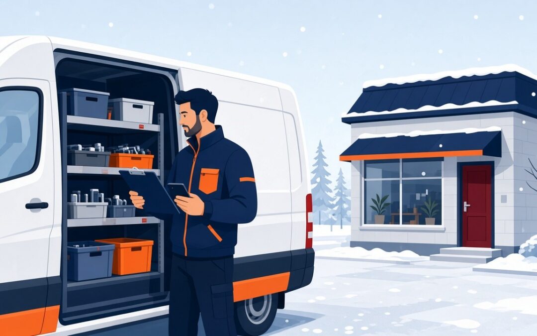 Illustration of a technician on a snowy winter morning counting parts in bins on the shelves of a white service van, holding a clipboard and a phone.
