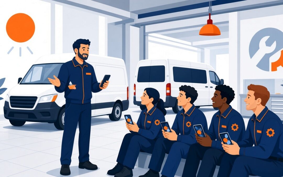 Illustration of a service manager talking with four technicians who are holding smartphones in a shop bay with white service vans behind them.
