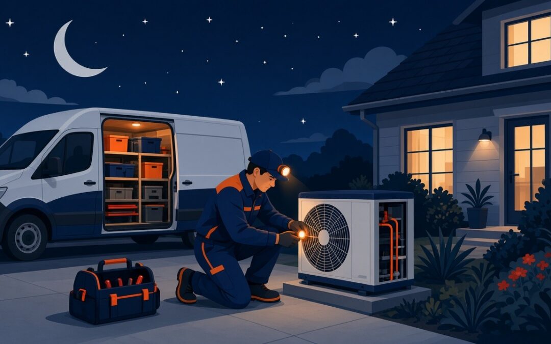 Illustration of an HVAC technician with a headlamp working on an outdoor AC unit at night beside a house, with a white service van and its lit interior of parts bins in the driveway.