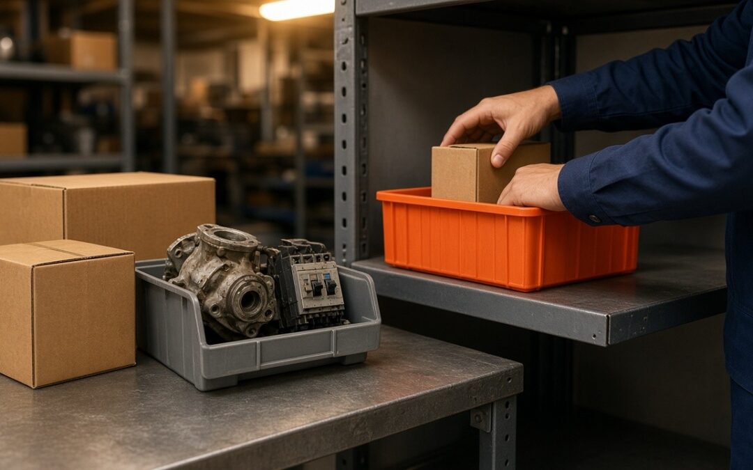 Photo of a technician placing a boxed part in an orange returns bin, with a worn pump and an old breaker set aside in a gray tote