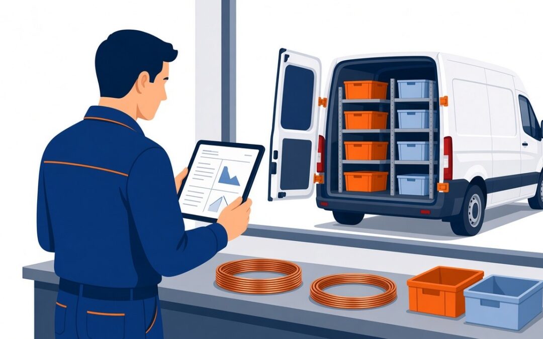 Illustration of a stock manager at a supply house counter reviewing prices on a tablet next to coils of copper wire and lineset, with a stocked white service van outside the window.