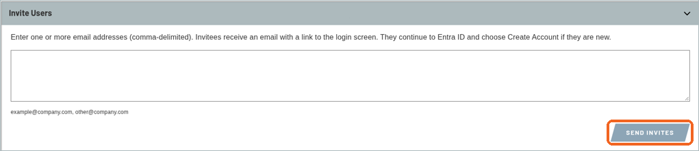 Invite Users form with an email box and the SEND INVITES button highlighted
