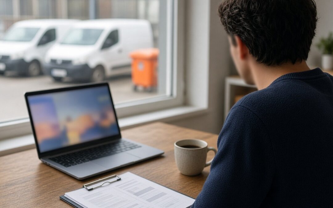 Photo of a person at a desk with a laptop, clipboard and coffee, looking out at service vans parked outside the office window
