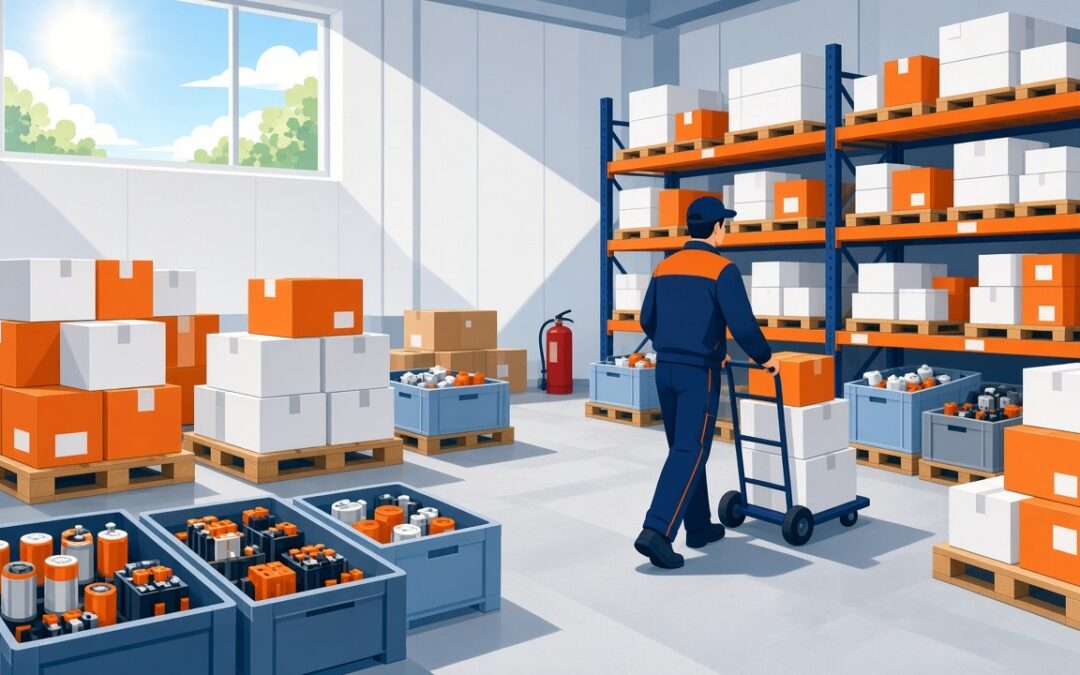 Illustration of an HVAC stockroom being stocked up for summer, with pallets of boxed parts, bins of capacitors and contactors, and a stock manager moving boxes on a hand truck.