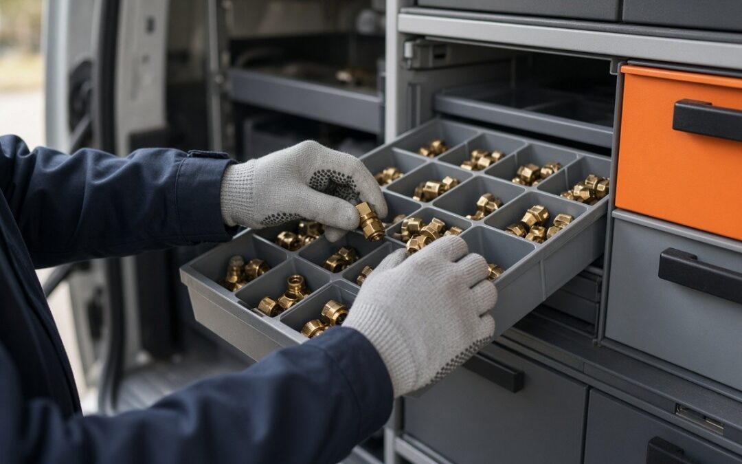 Photo of a technician's gloved hands sorting brass fittings into a compartment drawer inside a service van