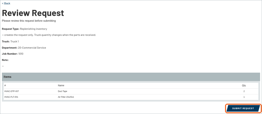 Review Request page showing the request details and items, with the SUBMIT REQUEST button highlighted