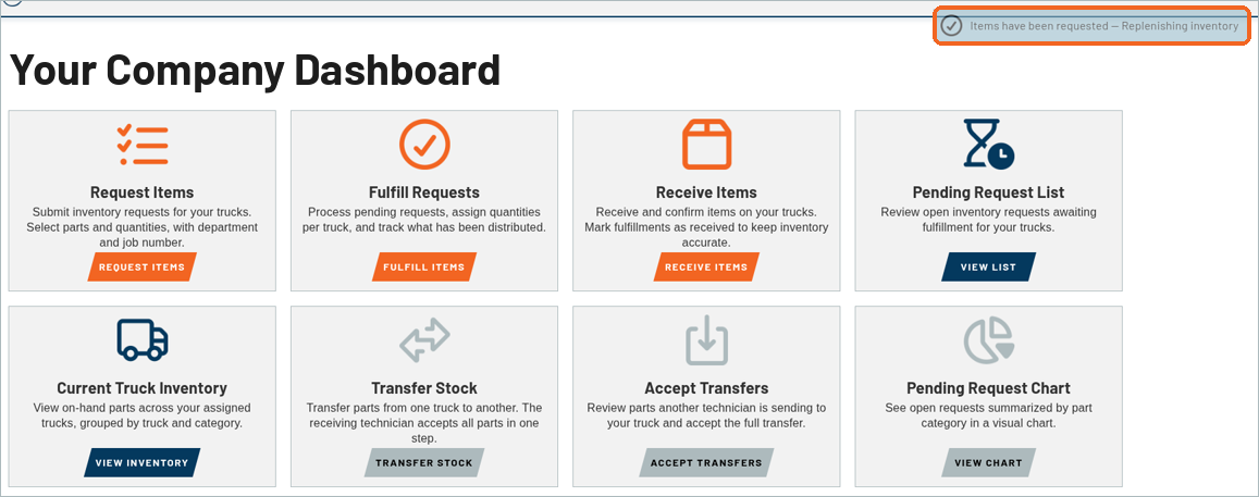 Dashboard with the confirmation message at the top right