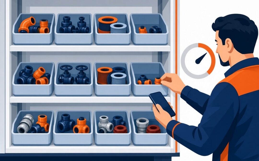 Illustration of a technician holding a phone and checking parts bins of fittings and valves on a service truck shelf, with a gauge showing fill level.