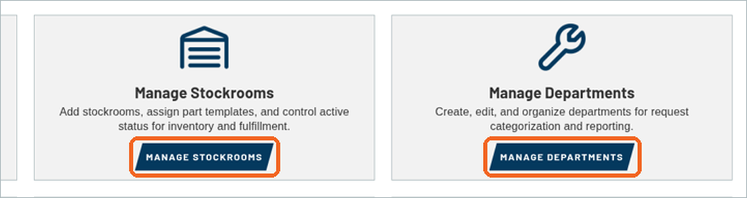 Fleet and Inventory cards with the MANAGE STOCKROOMS and MANAGE DEPARTMENTS buttons highlighted