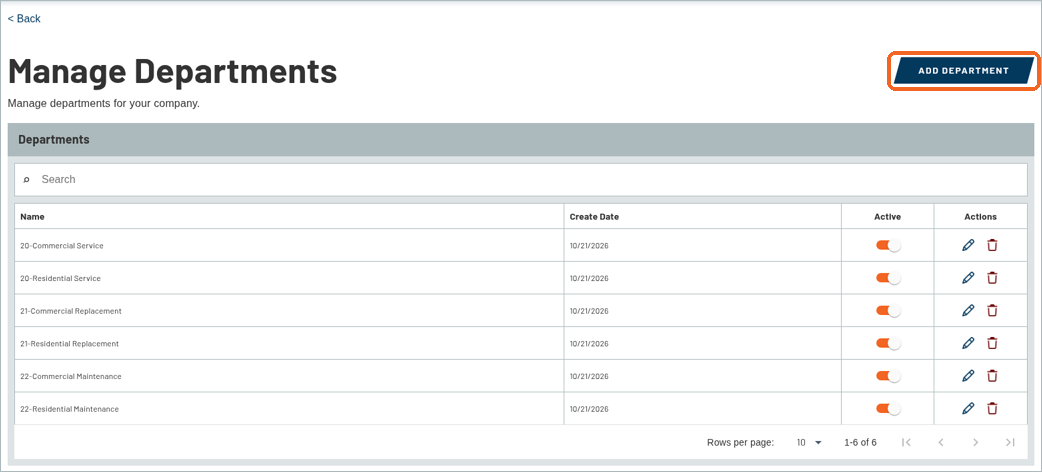 Manage Departments list showing sample departments with the ADD DEPARTMENT button highlighted