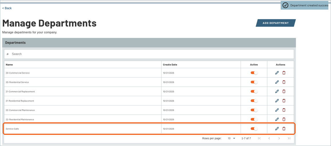 Manage Departments list with the new Service Calls department added at the bottom
