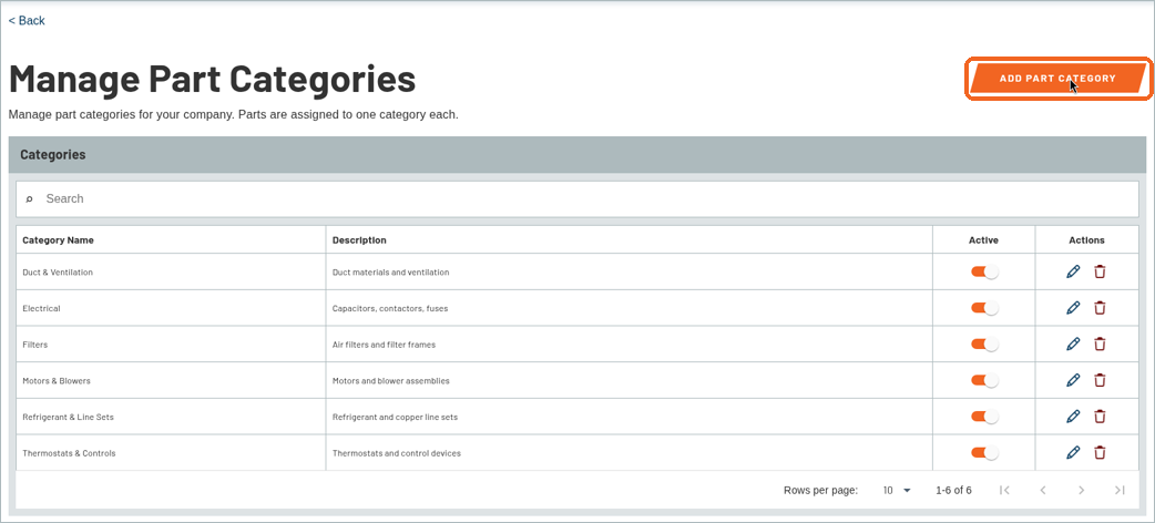 Manage Part Categories list showing sample categories with the ADD PART CATEGORY button highlighted