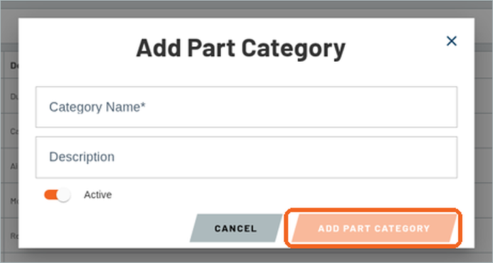 Add Part Category window with Category Name, Description and Active fields and the ADD PART CATEGORY button highlighted