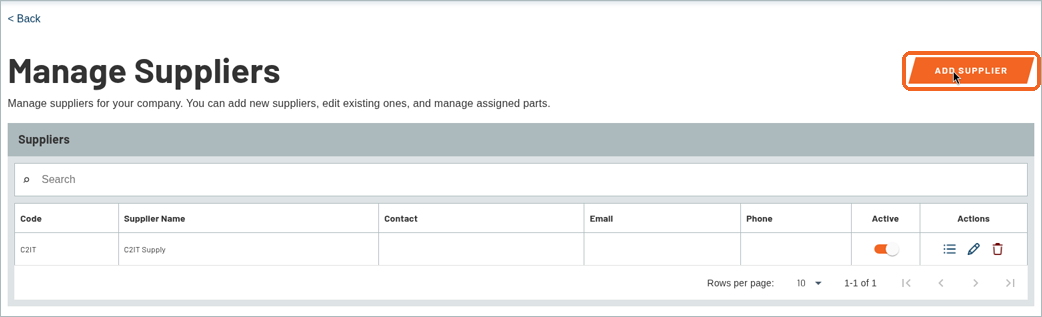 Manage Suppliers list showing the sample supplier with the ADD SUPPLIER button highlighted