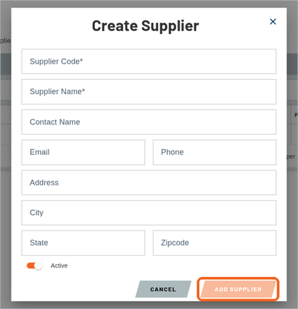 Create Supplier window with supplier code, name, contact and address fields and the ADD SUPPLIER button highlighted