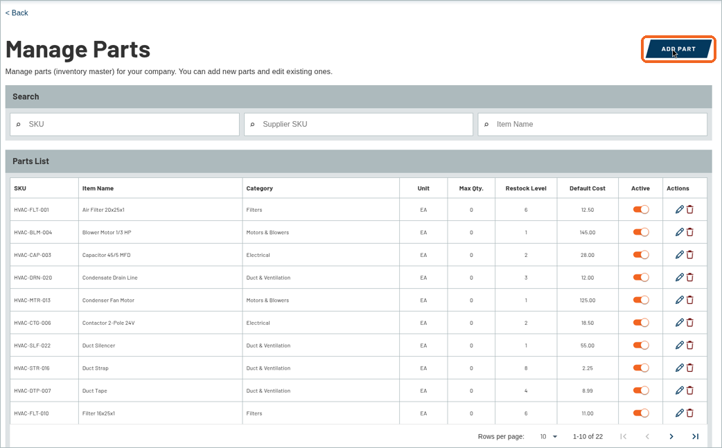 Manage Parts screen with search boxes and the Parts List showing sample parts