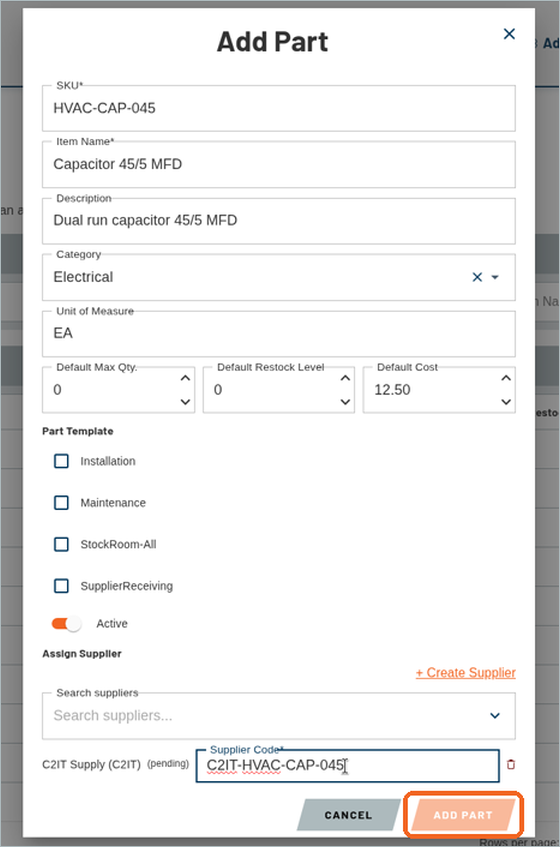 Add Part window filled in with SKU, item name, category, defaults, part templates and a supplier code, with the ADD PART button highlighted