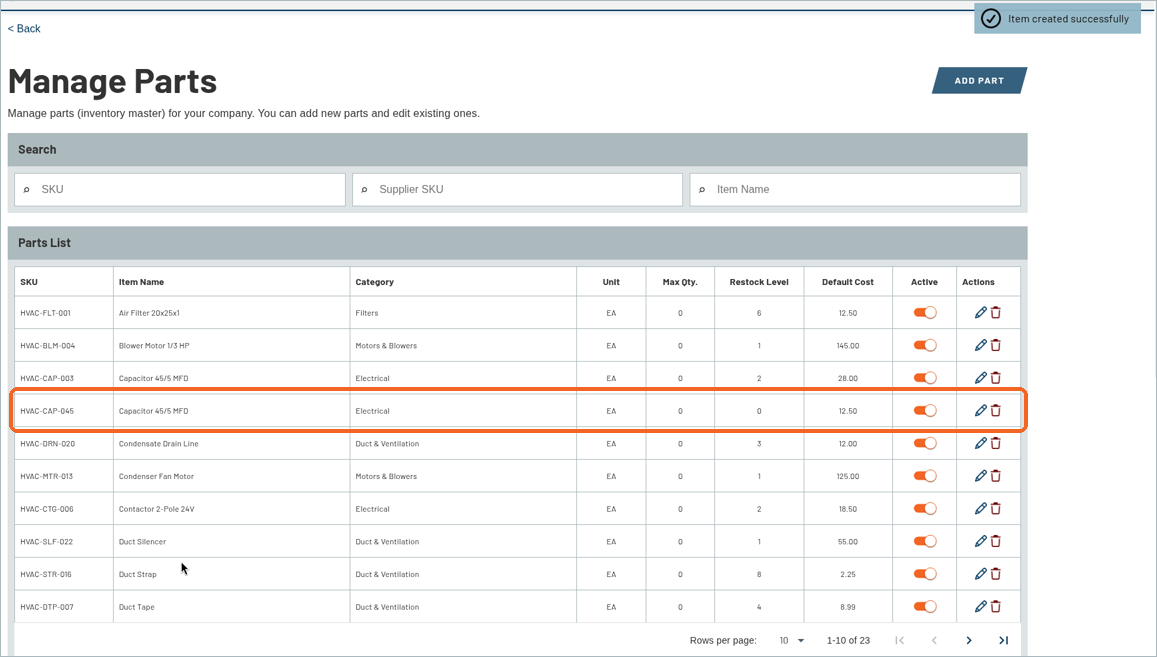 Manage Parts list with the new part added and a confirmation message at the top right