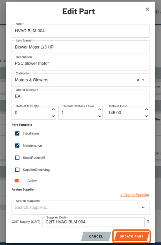 Edit Part window for a sample blower motor with the UPDATE PART button highlighted