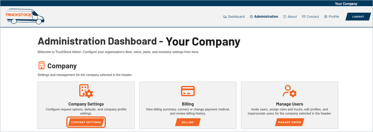 Administration page with the COMPANY SETTINGS button highlighted in the Company group