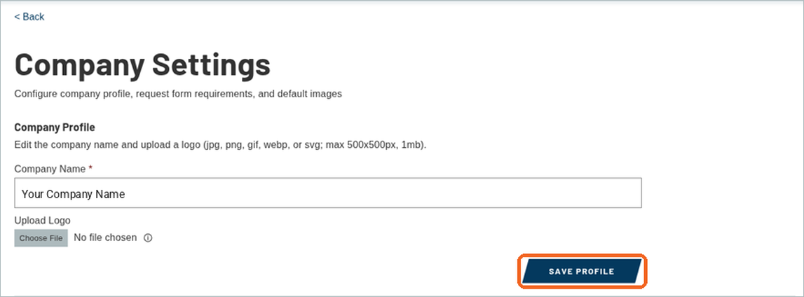 Company Profile section with the Company Name box, Upload Logo button and SAVE PROFILE button highlighted