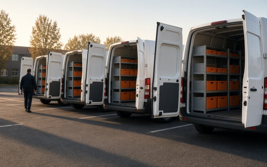 Photo of a row of white service vans with rear doors open, each with the same gray shelving and orange bins