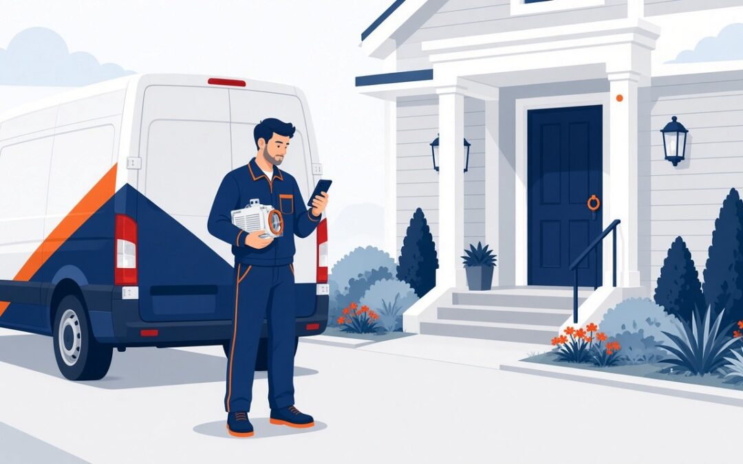 Illustration of a technician standing in a customer driveway beside a white service van, holding a replacement part and recording it on a smartphone.