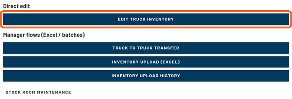 Edit inventory page with the EDIT TRUCK INVENTORY button highlighted