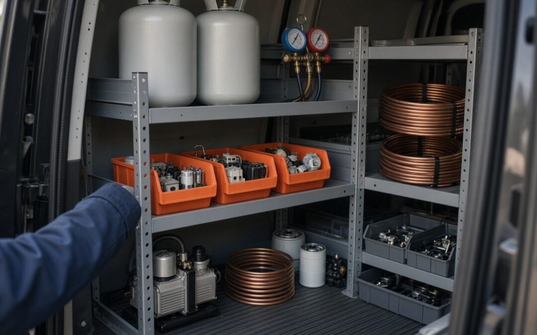 Photo of an HVAC service van interior with refrigerant cylinders, a gauge set, copper line set coils and orange bins of parts
