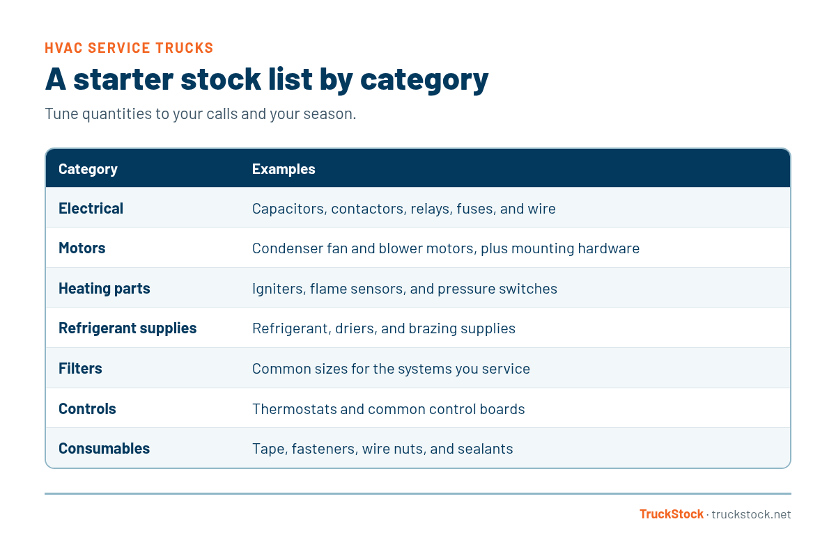 Starter HVAC service truck stock list by category: electrical parts like capacitors, contactors, relays, fuses, and wire; condenser fan and blower motors; heating parts like igniters, flame sensors, and pressure switches; refrigerant, driers, and brazing supplies; common filter sizes; thermostats and control boards; and consumables like tape, fasteners, wire nuts, and sealants.