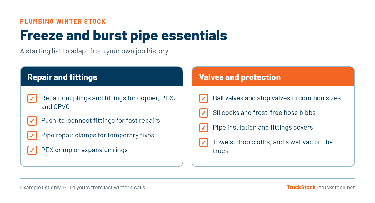 Example winter stock list for a plumbing van. Repair and fittings: repair couplings for copper, PEX, and CPVC, push-to-connect fittings, pipe repair clamps, PEX crimp or expansion rings. Valves and protection: ball and stop valves, sillcocks and frost-free hose bibbs, pipe insulation, towels, drop cloths, and a wet vac.