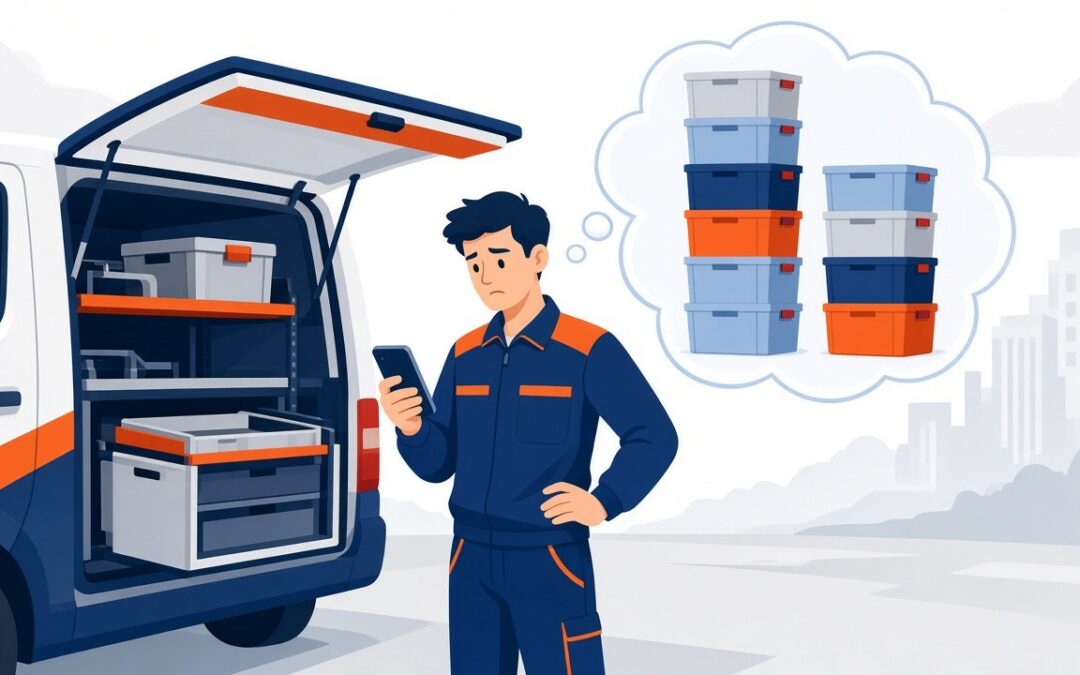 Illustration of a technician at an open service van looking at a phone with a puzzled expression, with a thought bubble of two mismatched stacks of bins.